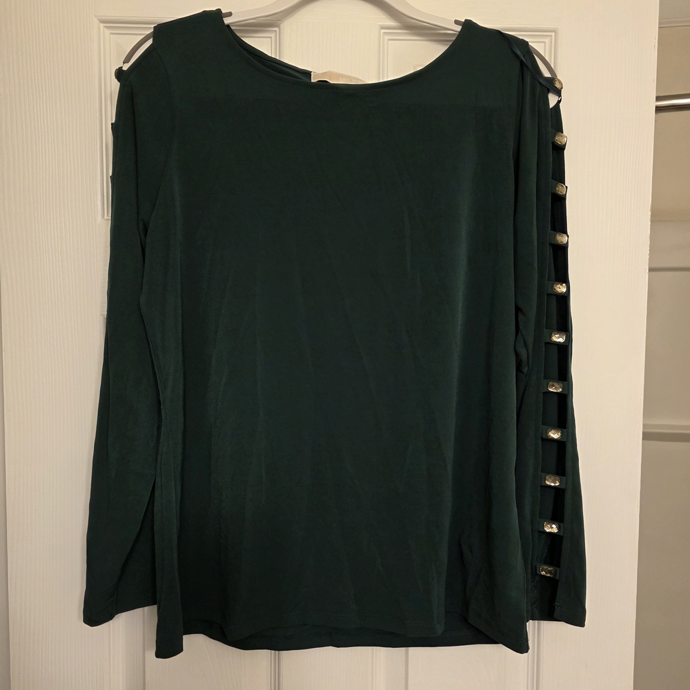 Michael Kors Dark Green Long Sleeve Top with Button Accents